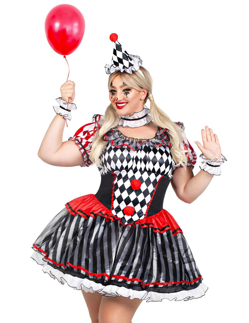 Gros plan sur le ballon et le chapeau du déguisement arlequin sexy pour femme
