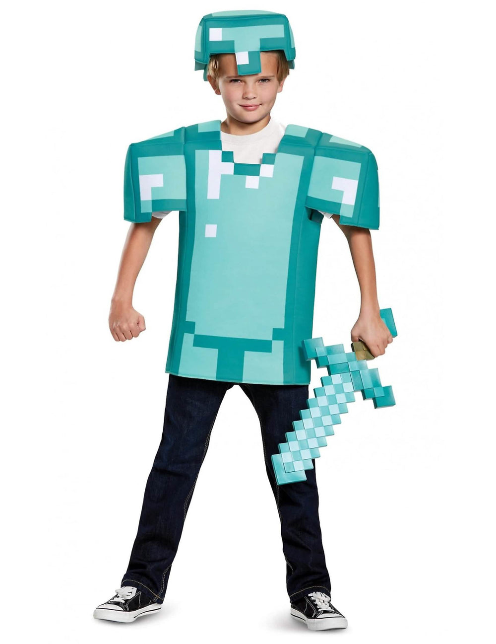 Minecraft gyerek türkizkék páncél jelmez, sisakkal és karddal