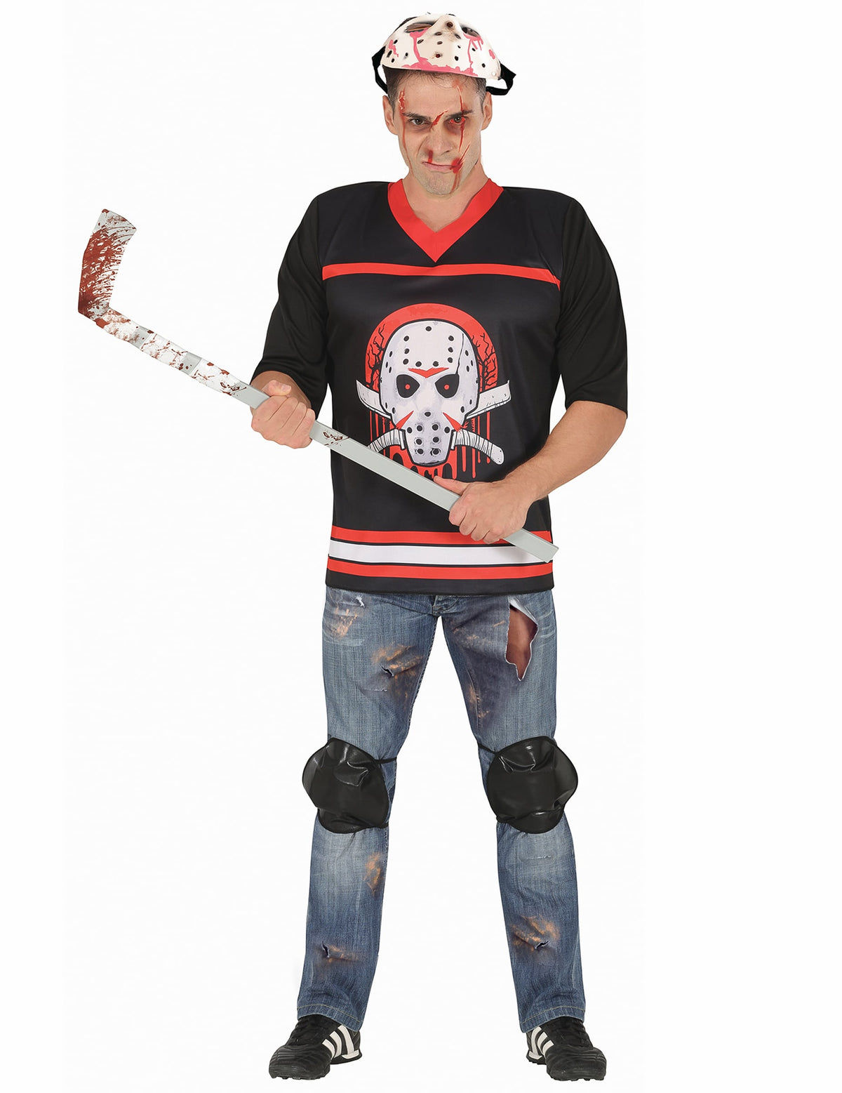 Déguisement d'assassin pour adulte noir et rouge avec crosse de hockey et masque