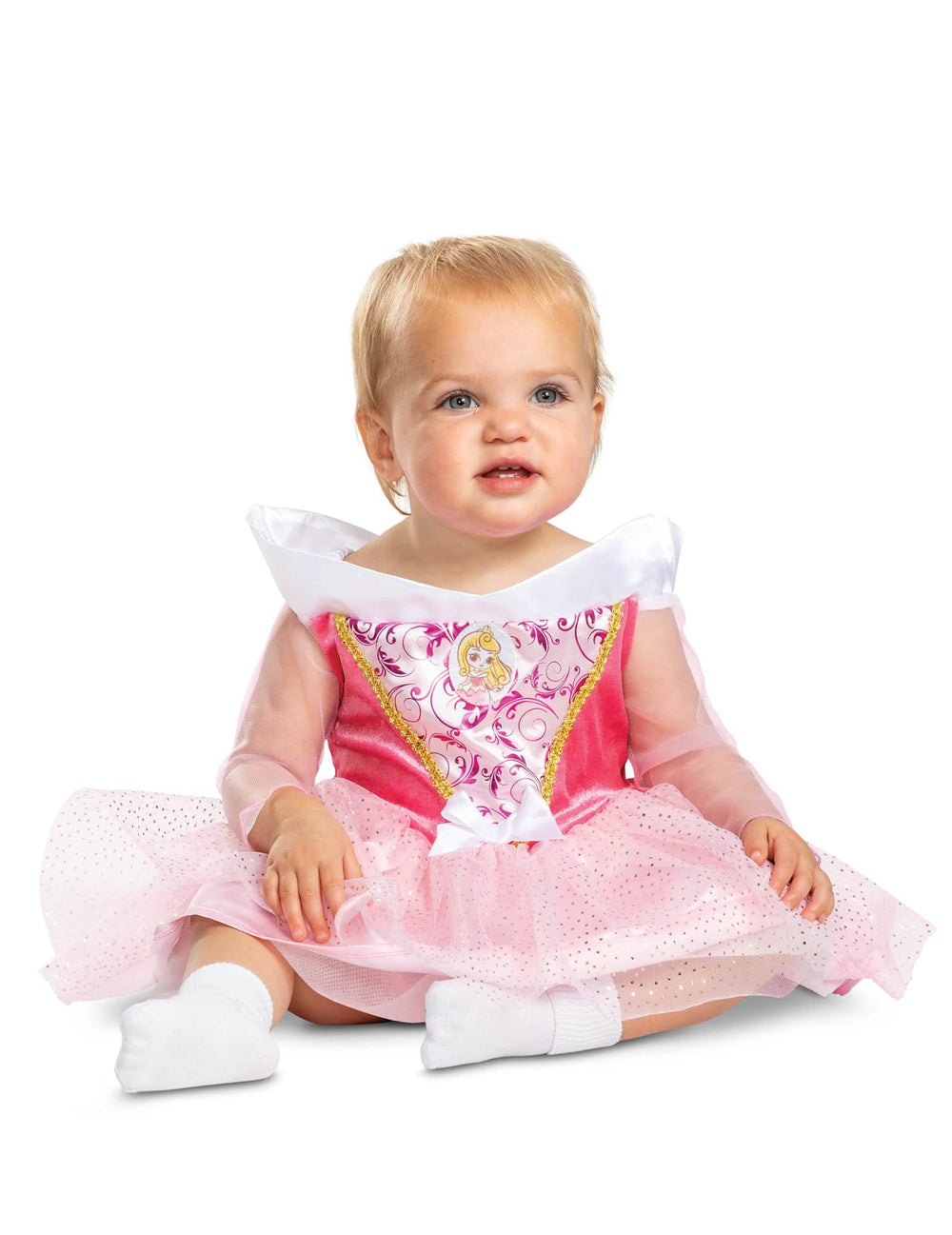 Déguisement Aurore La belle au bois dormant pour fille rose et blanc avec jupon scintillant
