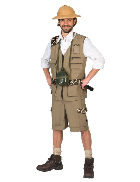 Déguisement aventurier safari pour homme beige avec motifs girafe et chapeau