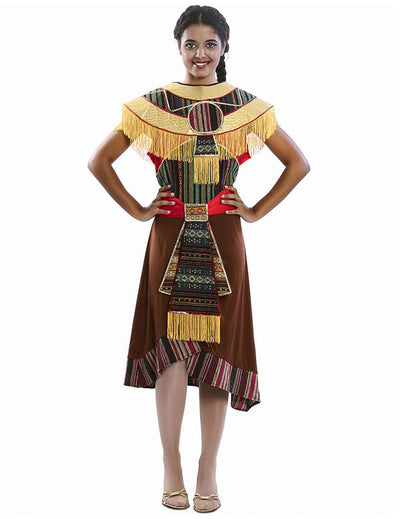 Déguisement Aztèque pour femme marron avec motifs et franges dorées