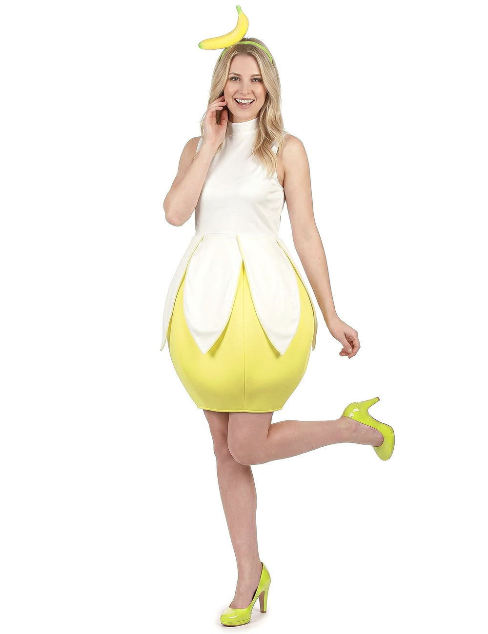 Déguisement de banane pour femme jaune et blanc avec serre-tête