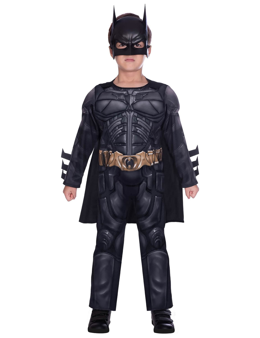 Déguisement Batman Dark Knight musclé pour enfant noir avec masque et ceinture dorée