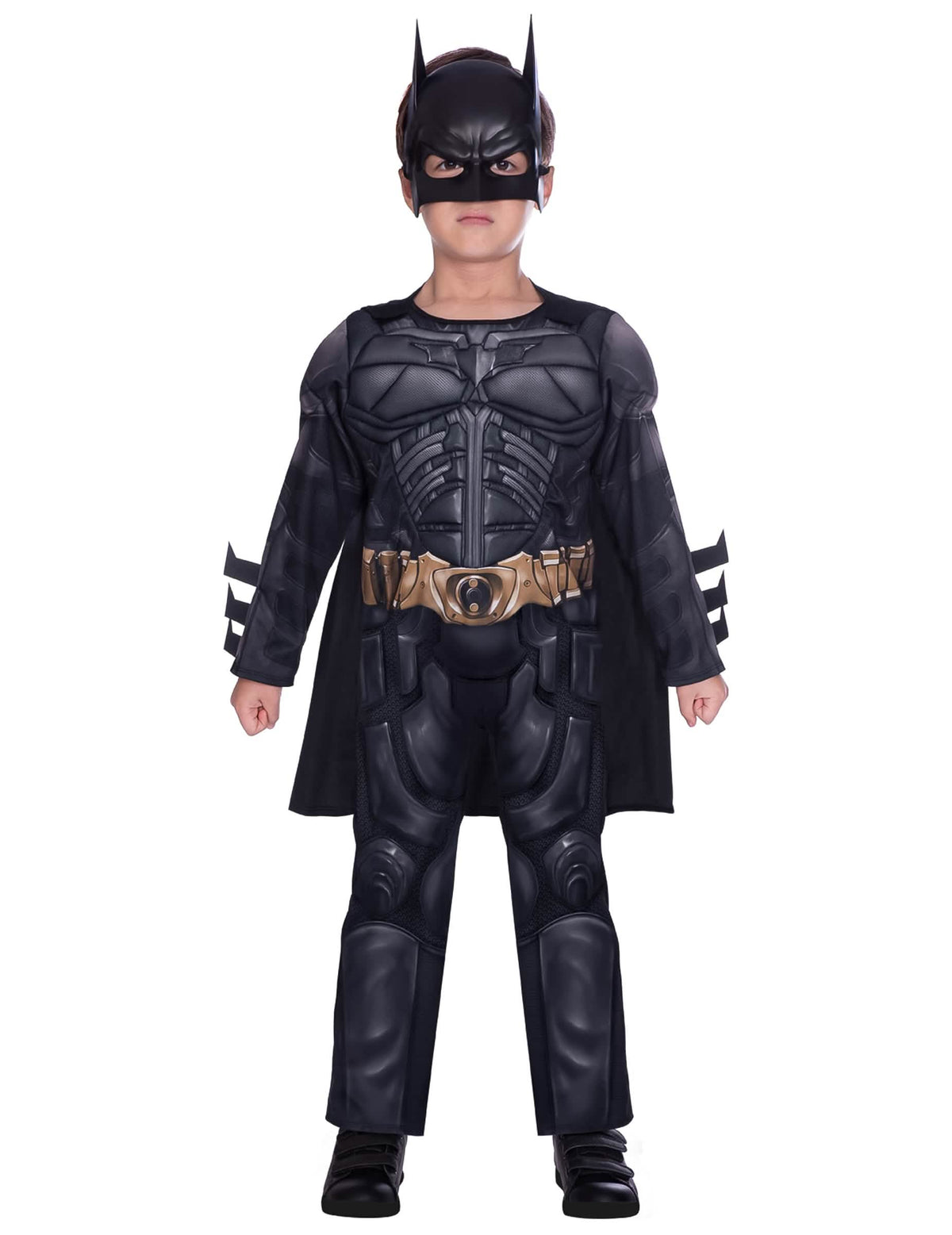 Déguisement Batman Dark Knight musclé pour enfant noir avec masque et ceinture dorée