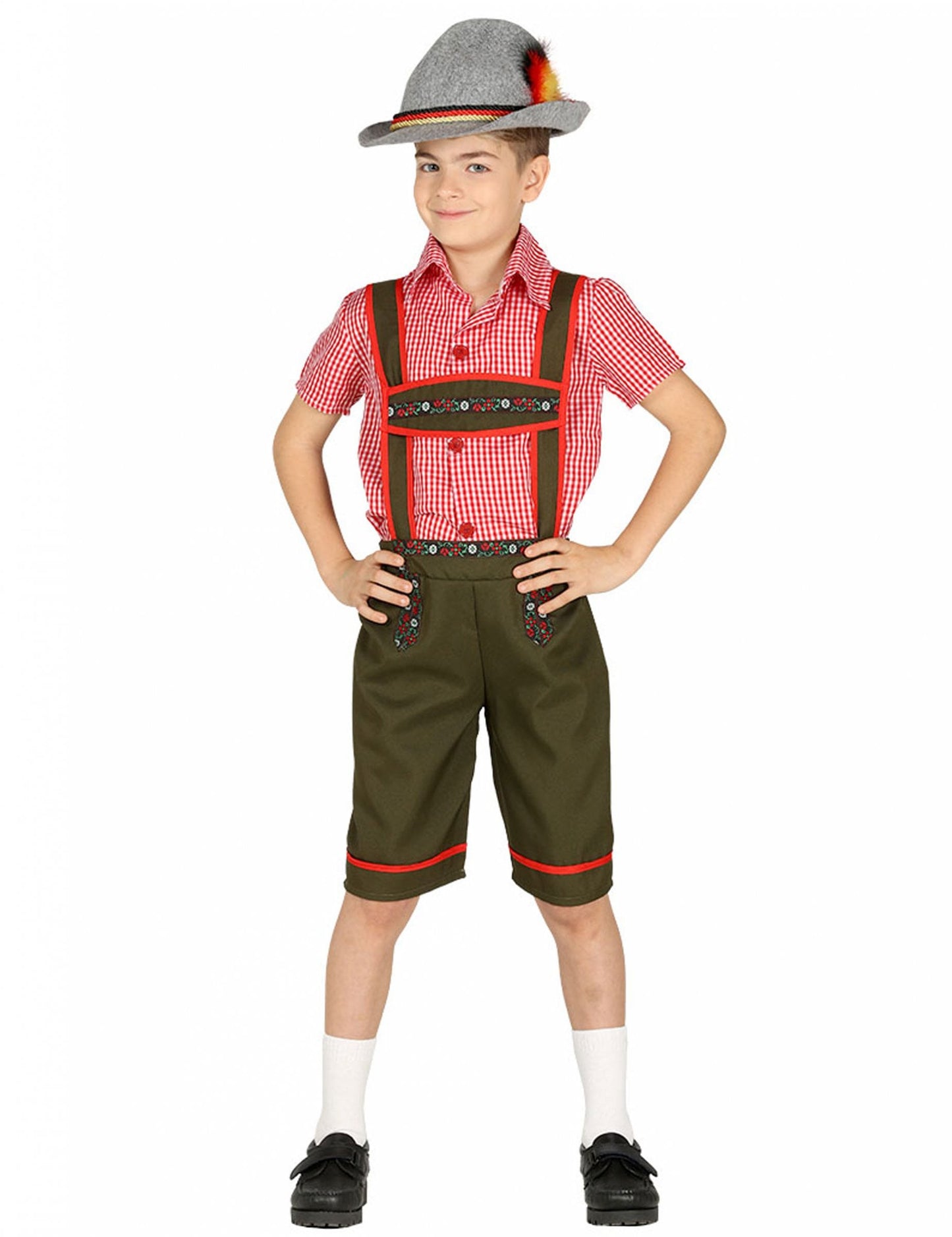 Déguisement bavarois pour garçon avec chemise rouge à carreaux et short vert olive avec chapeau