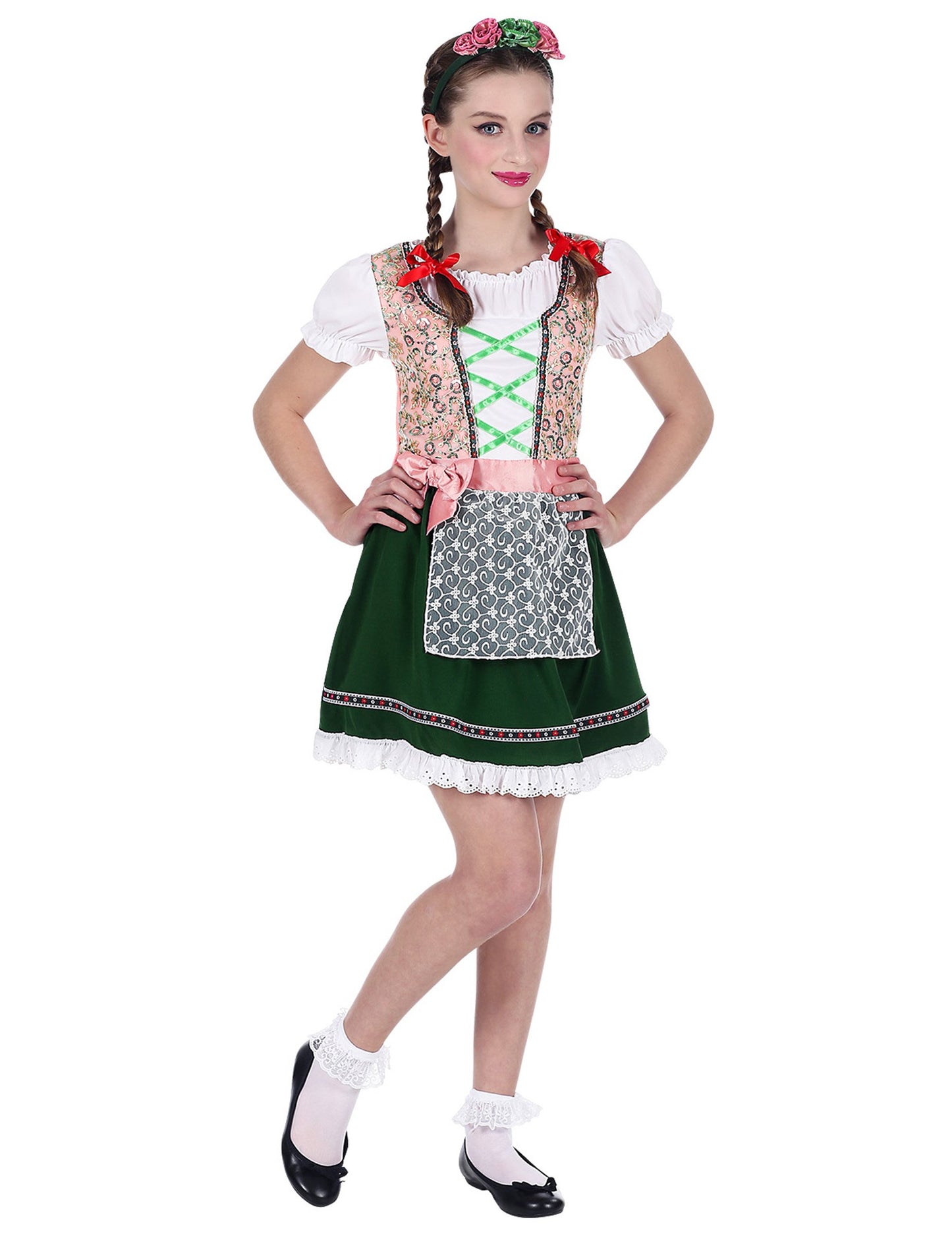 Lányok rózsaszínű és zöld bajor jelmeze