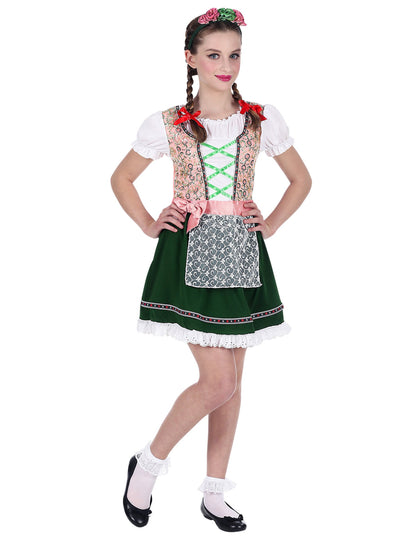 Lányok rózsaszínű és zöld bajor jelmeze