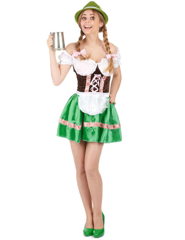 Zöld és barna hagyományos bajor női jelmez, hozzá illő kalappal