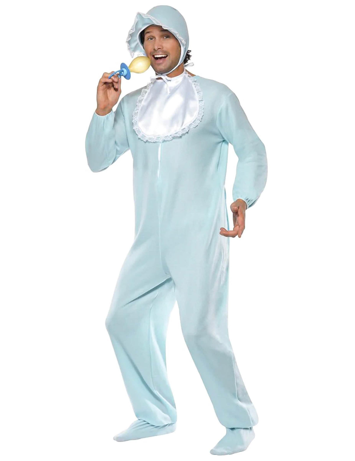 Déguisement de bébé pour homme bleu clair avec bonnet et bavoir