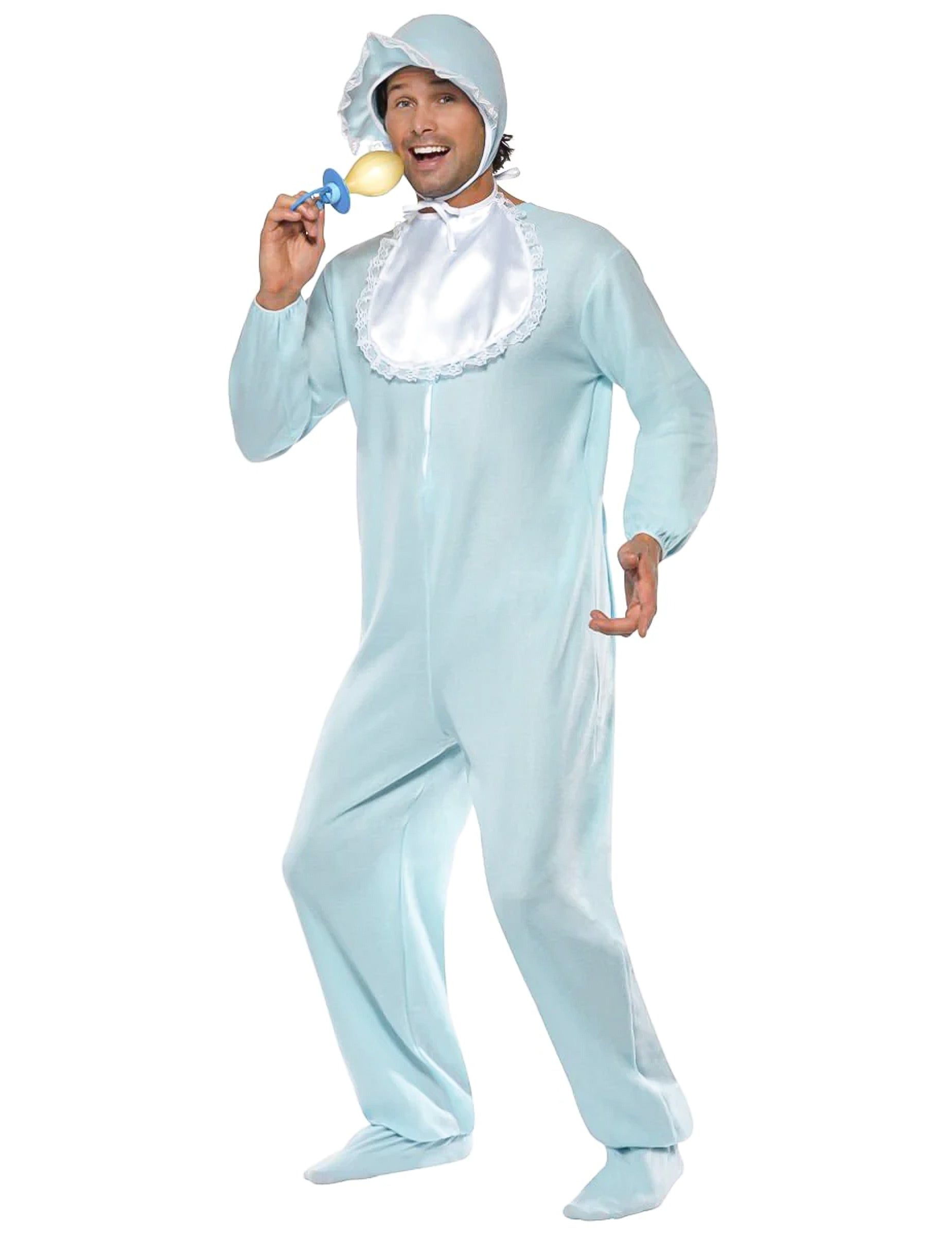 Déguisement de bébé pour homme bleu clair avec bonnet et bavoir