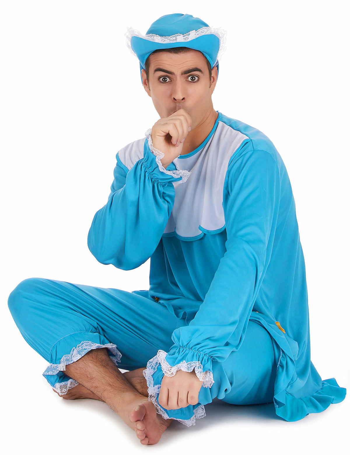 Vue de face assis du déguisement de bébé pour homme bleu