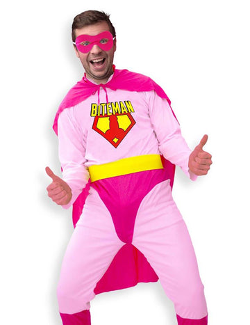 Déguisement Biteman pour homme rose et fuchsia avec cape et loup
