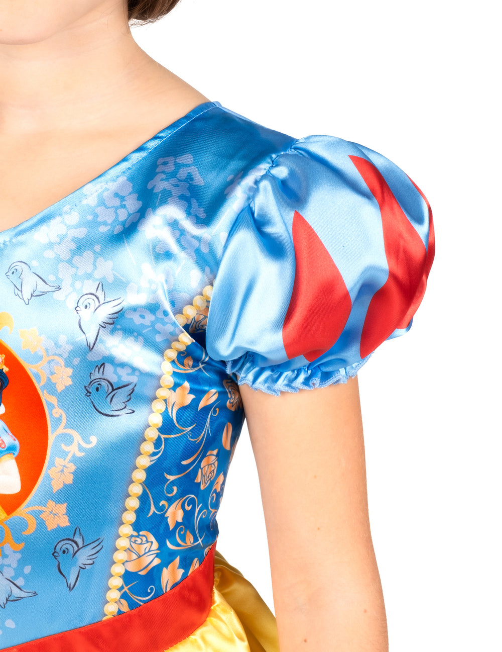 Détail de la manche bouffante et du bustier du déguisement Blanche Neige™ basique