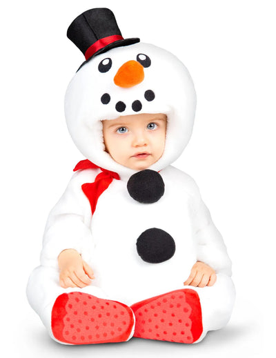 Déguisement bonhomme de neige pour bébé blanc avec chapeau haut de forme et écharpe rouge