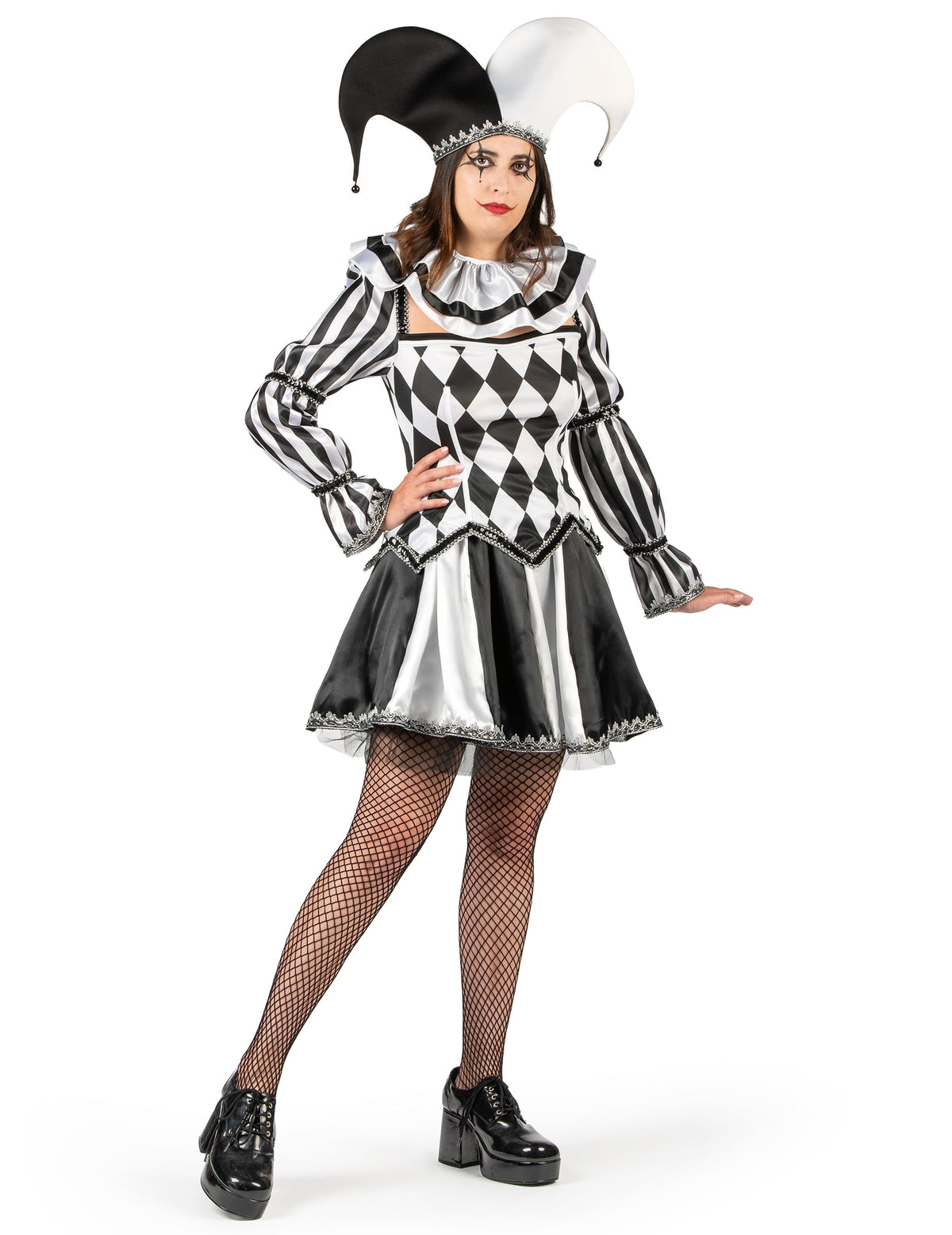 Déguisement bouffon diabolique pour femme noir et blanc luxe avec chapeau