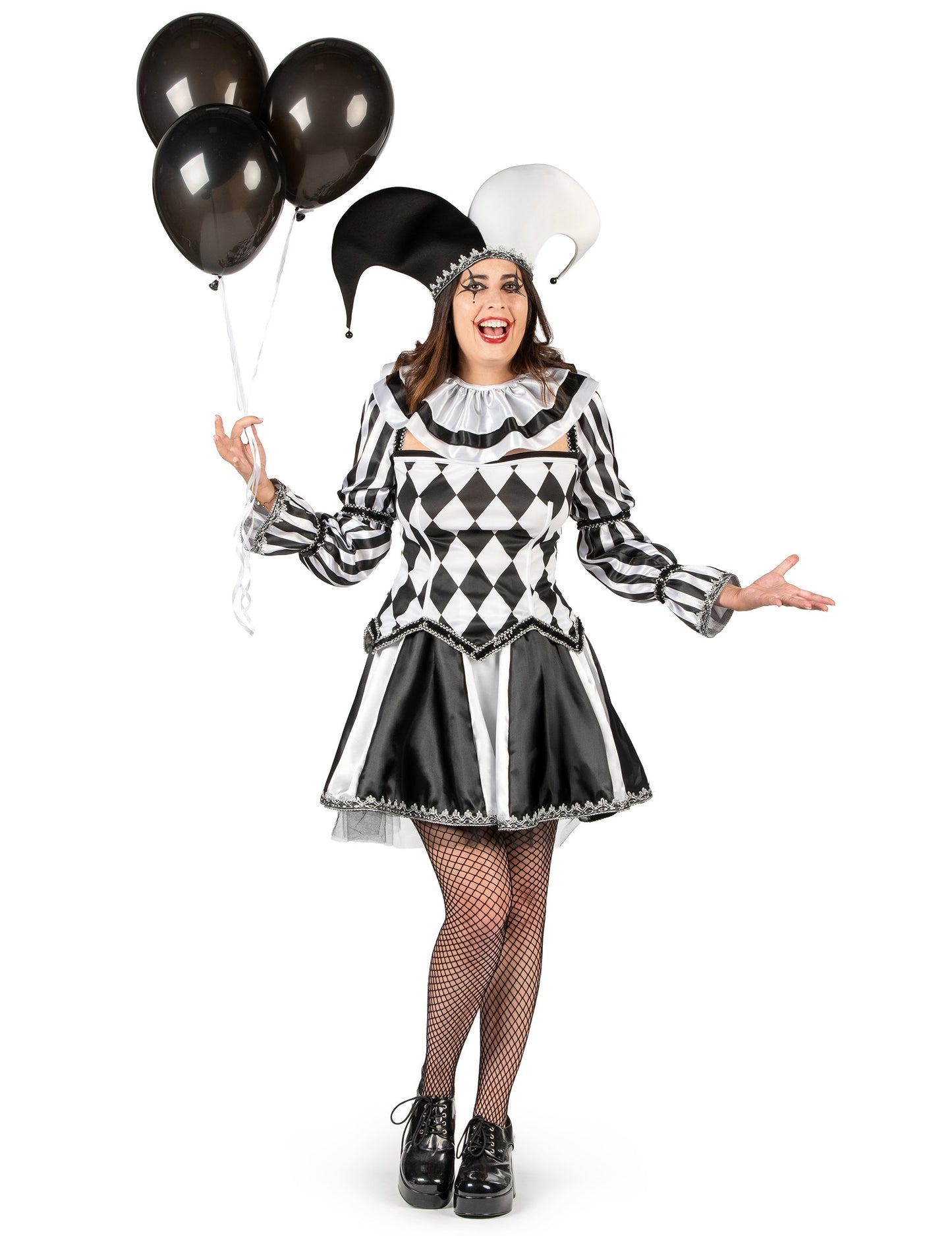 Női luxus fekete-fehér ördögi udvari bolond jelmez 