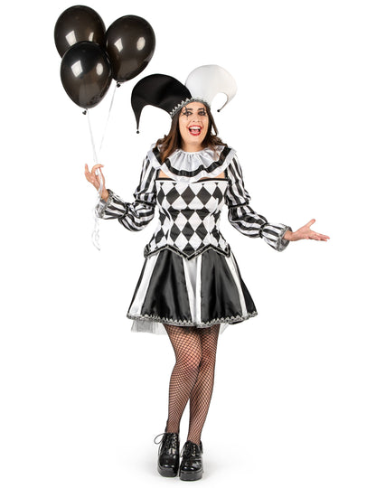 Női luxus fekete-fehér ördögi udvari bolond jelmez 