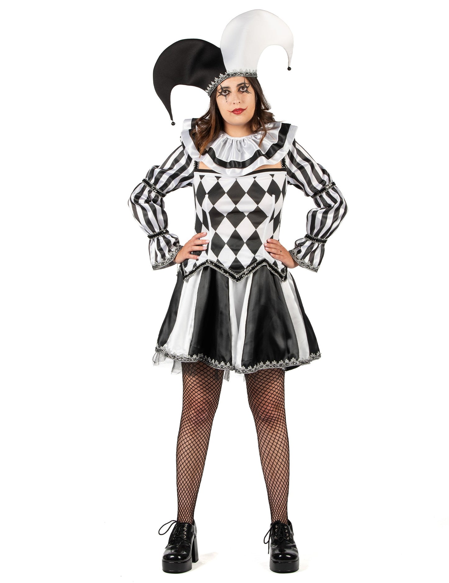 Női luxus fekete-fehér ördögi udvari bolond jelmez 