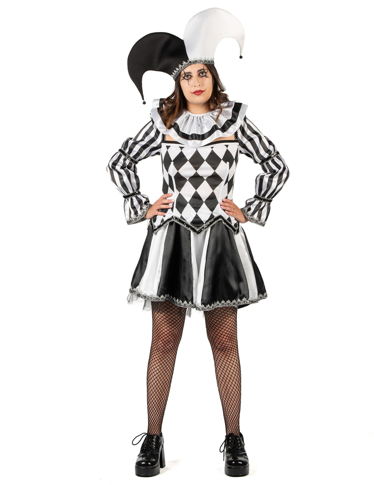 Vue de face du déguisement de bouffon diabolique pour femme noir et blanc luxe