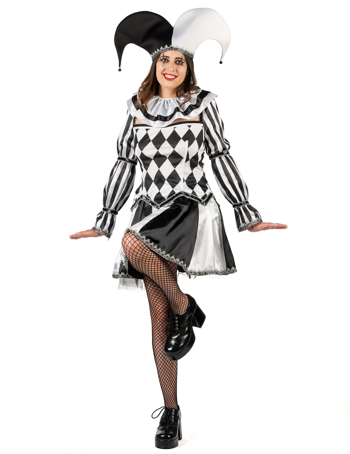 Vue entière du déguisement de bouffon diabolique pour femme noir et blanc luxe
