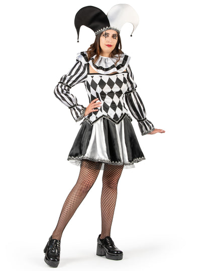 Vue de trois-quarts du déguisement de bouffon diabolique pour femme noir et blanc luxe
