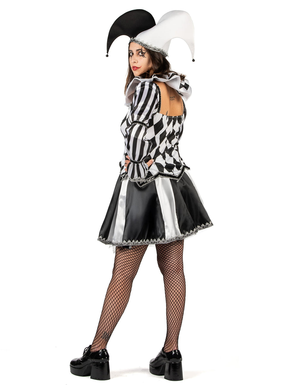 Vue de dos du déguisement de bouffon diabolique pour femme noir et blanc luxe