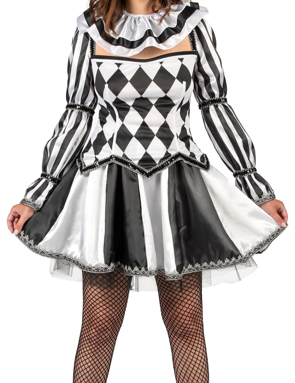 Gros plan sur le bustier et la jupe du déguisement de bouffon diabolique pour femme noir et blanc luxe