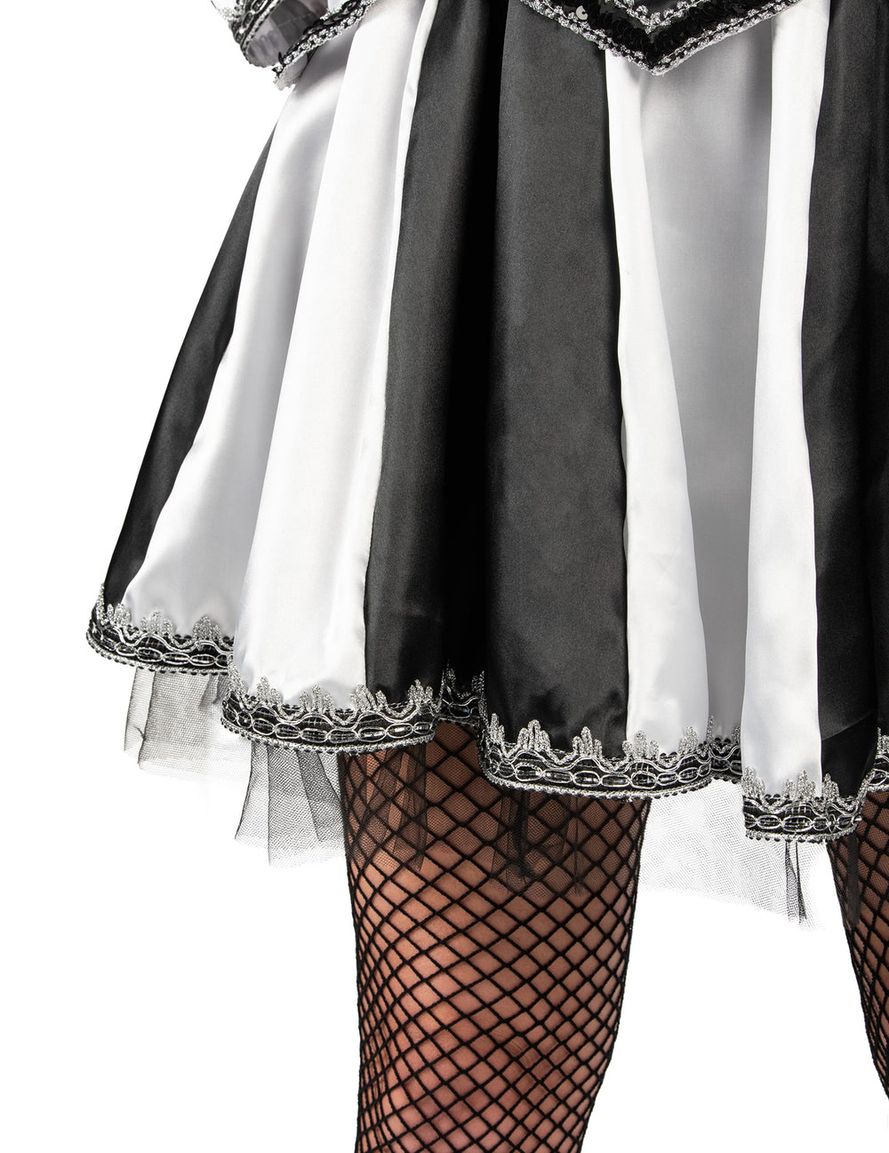 Détail du bas de la jupe et des collants résille du déguisement de bouffon diabolique pour femme noir et blanc luxe