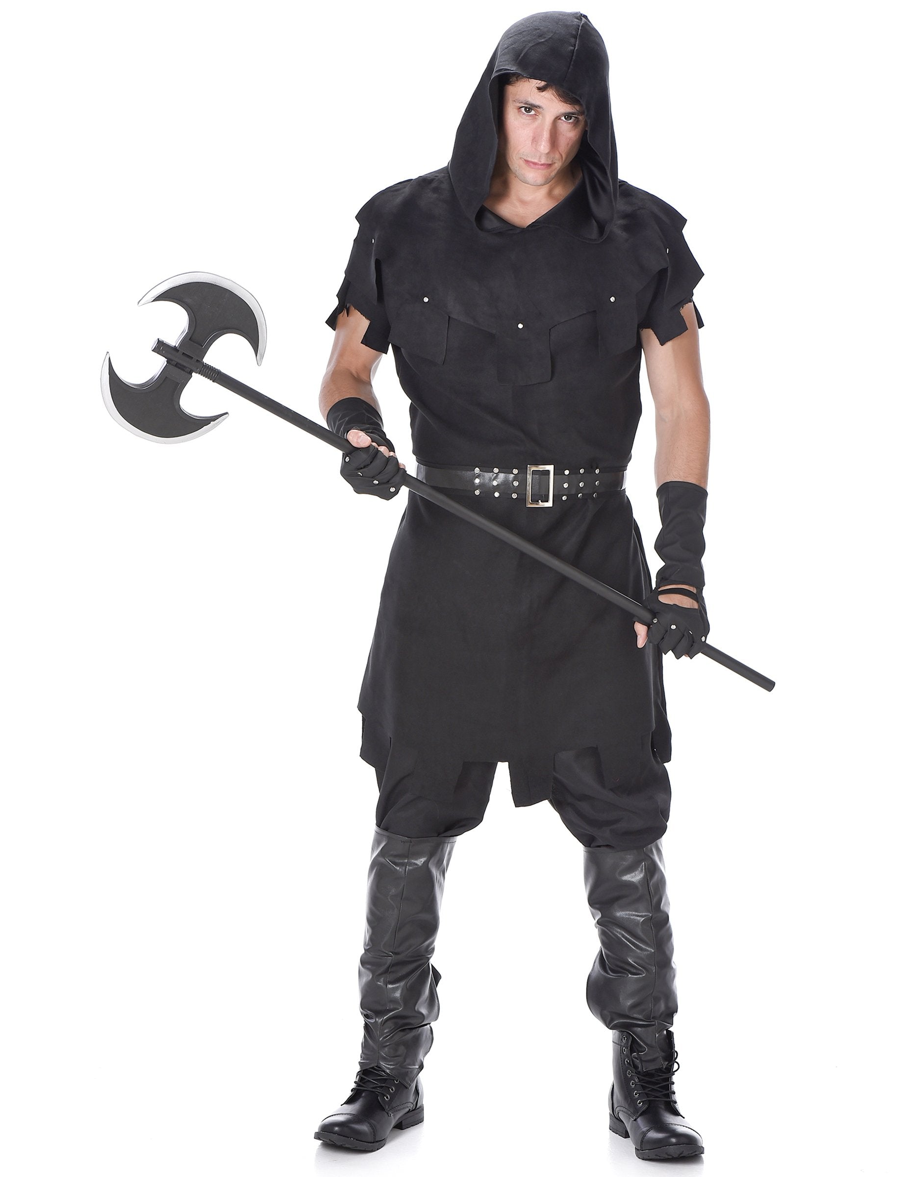 Déguisement de bourreau pour homme noir avec cagoule et hache