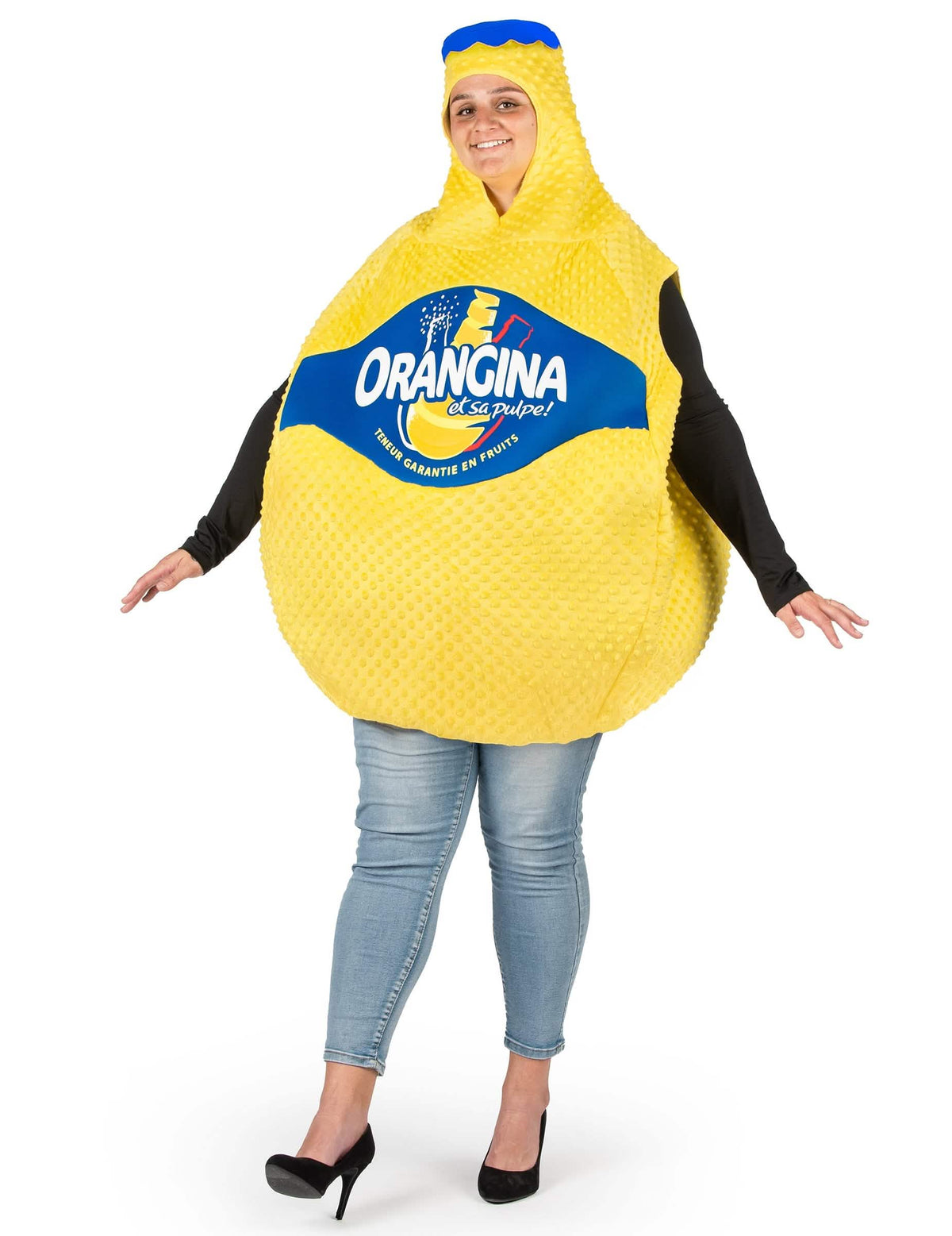 Az Orangina™ palack felnőtt jelmezének elölnézete