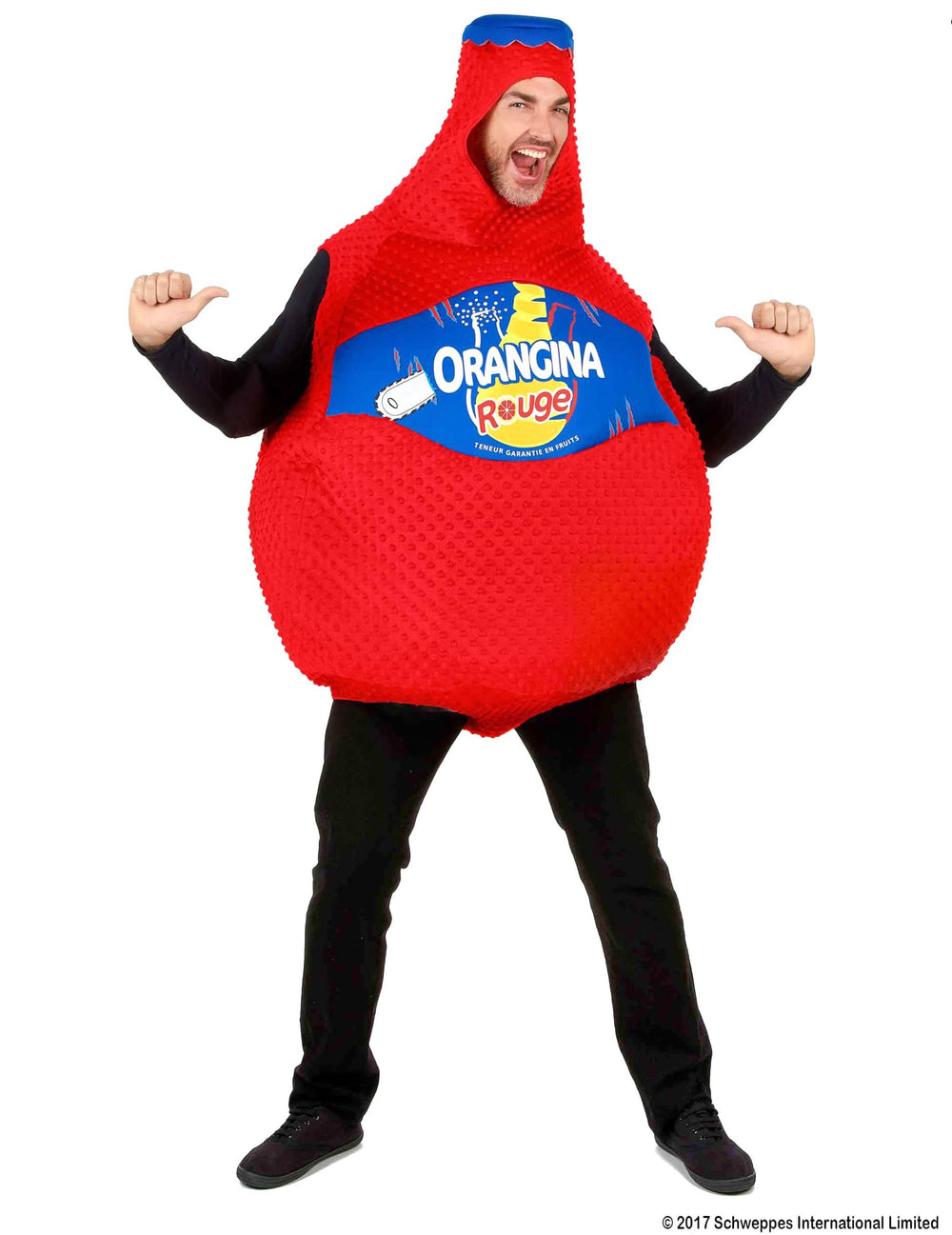 Elölnézetű áttekintés az piros orangina palack jelmezről