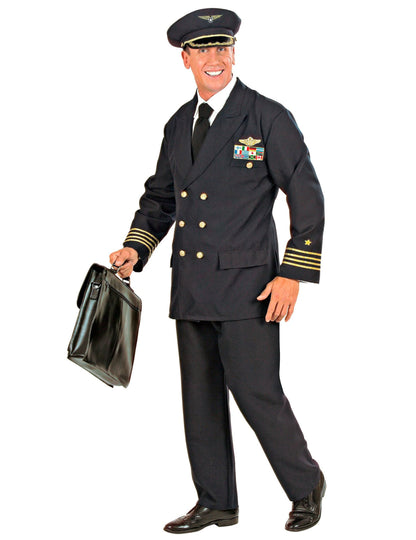Déguisement capitaine d'avion pour homme bleu marine avec galons dorés et casquette