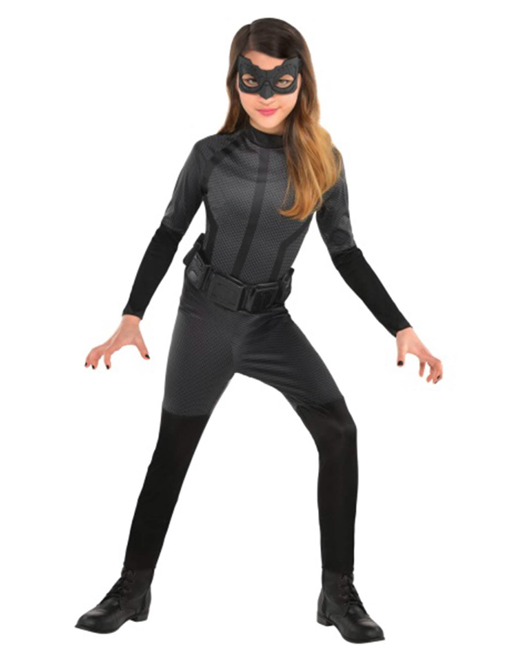 Catwoman jelmez lányoknak fekete és szürke maszk és övvel