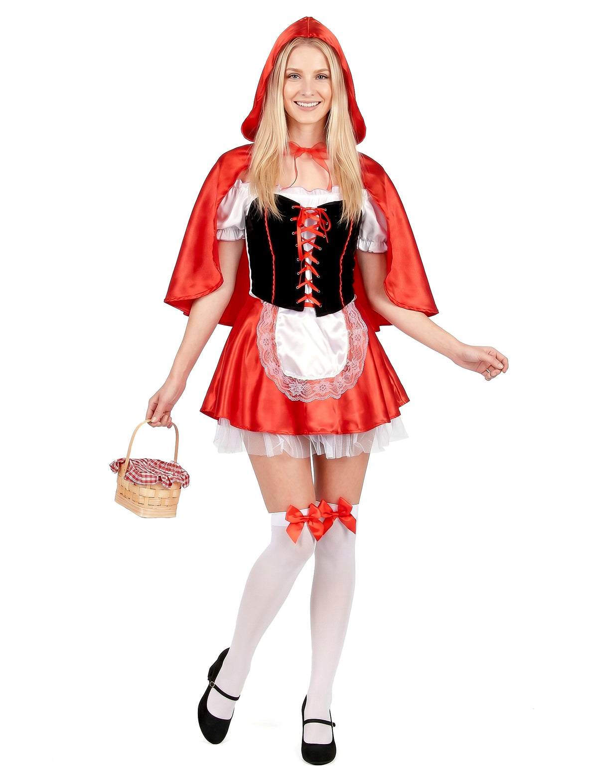 Déguisement de chaperon rouge pour femme rouge et noir avec cape courte et tablier blanc