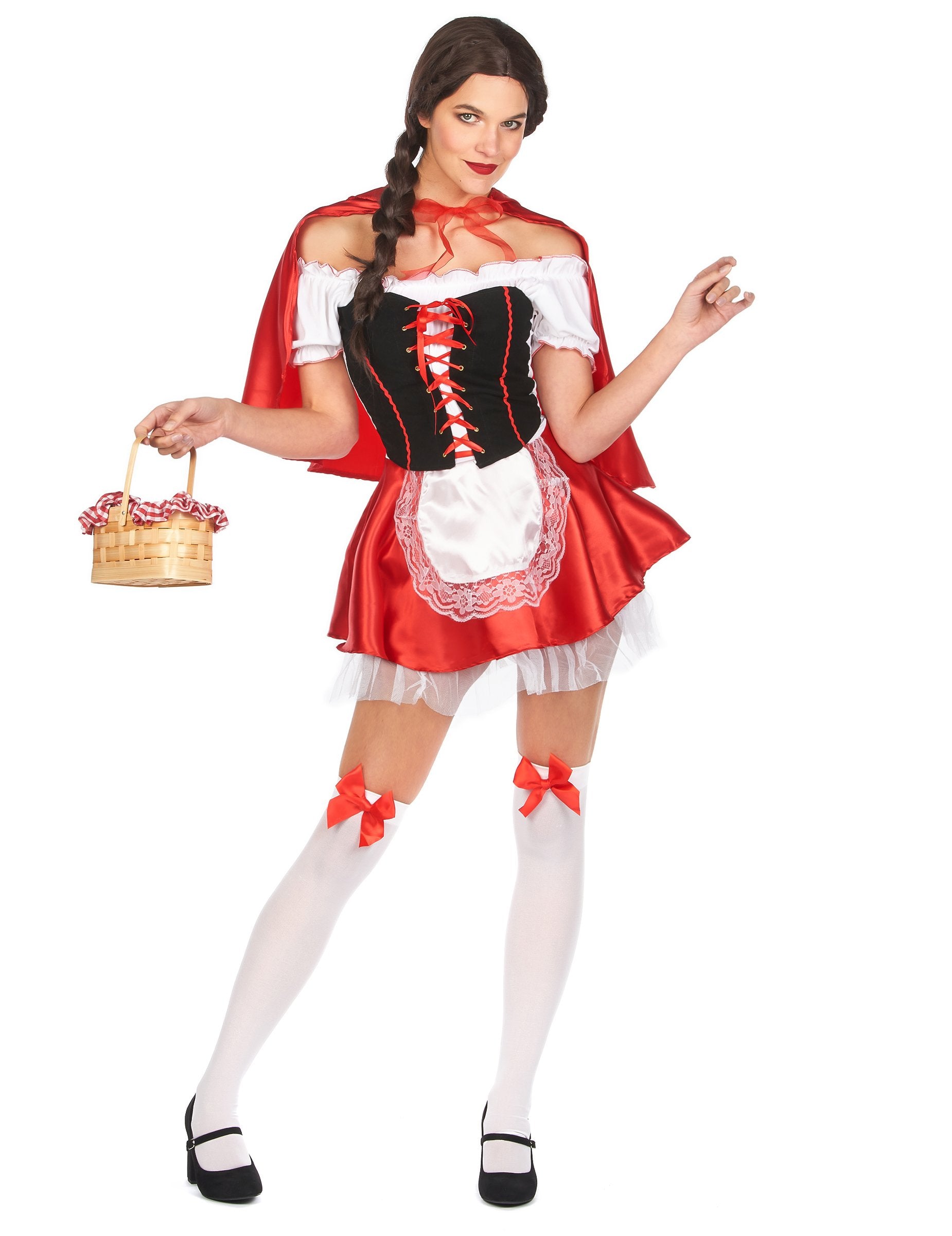 Piros-fekete női piroska jelmez köpeny és fűzővel