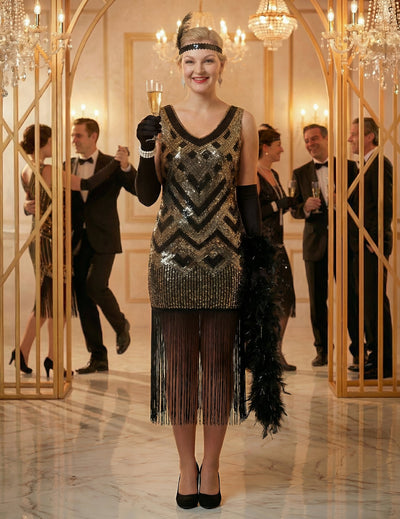 Déguisement Charleston pour femme noir et doré à sequins luxe