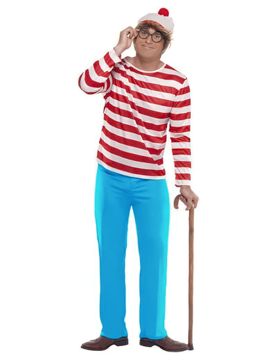 Déguisement Où est Charlie™ pour homme à rayures rouges et blanches avec bonnet et lunettes
