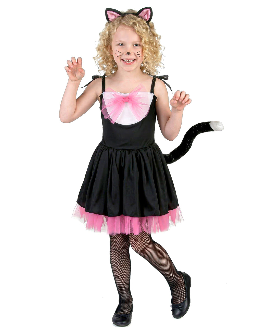 Déguisement de chat pour fille noir et rose avec serre-tête et queue