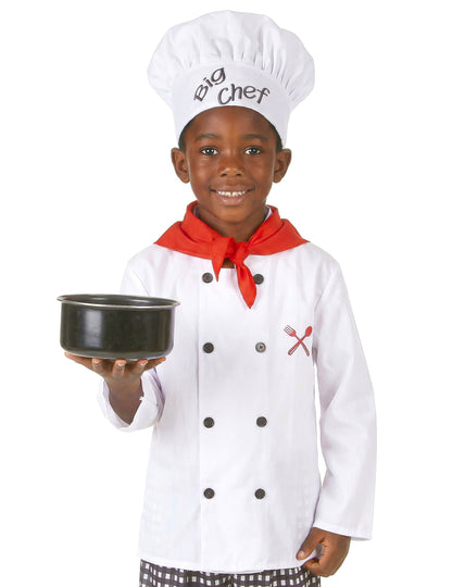 Gros plan sur la toque et la veste du déguisement de chef cuisinier pour garçon