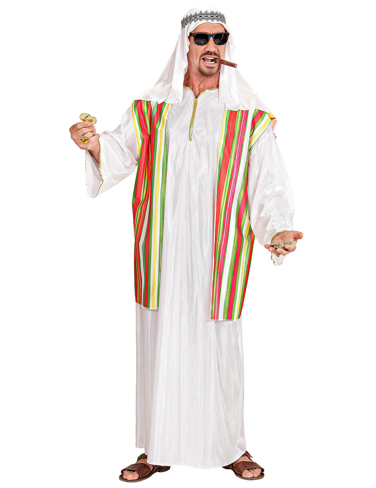 Déguisement de cheikh arabe pour homme blanc avec gilet à rayures colorées et coiffe