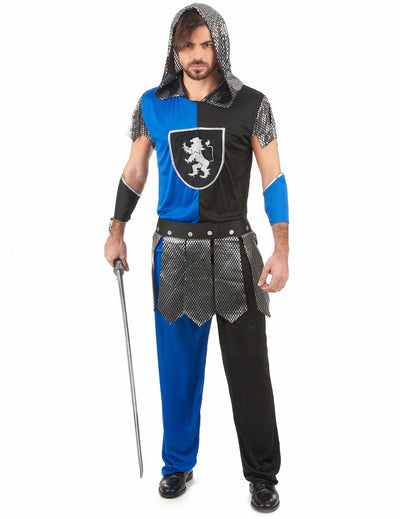 Déguisement de chevalier pour homme bleu et noir avec blason lion argenté
