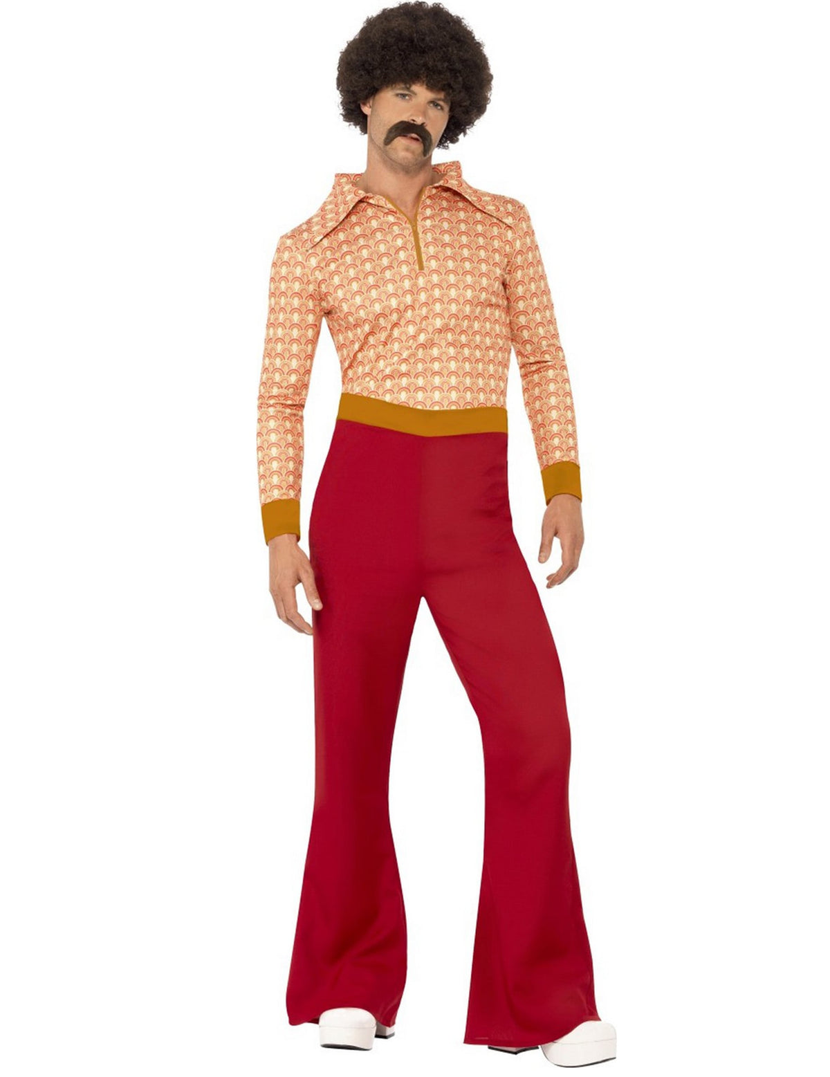 Déguisement chic années 70 pour homme avec chemise à motifs et pantalon rouge