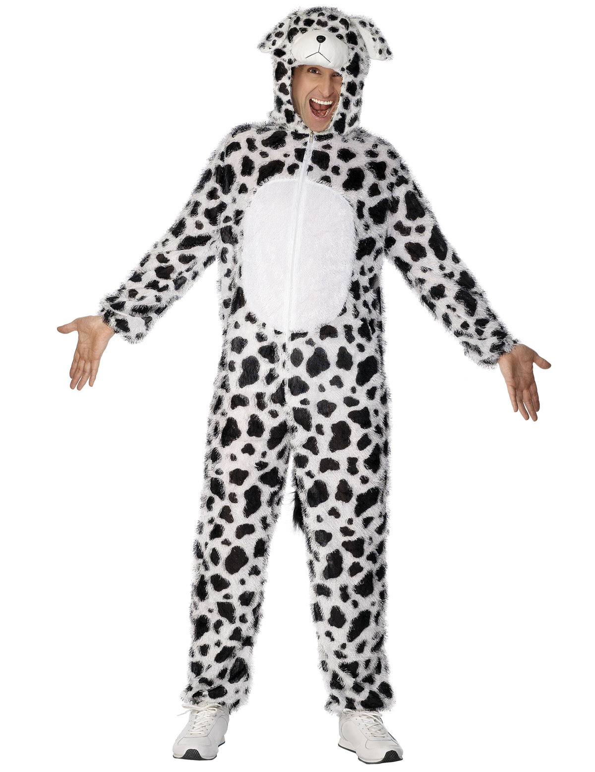 Déguisement de chien dalmatien pour adulte blanc à taches noires avec capuche à oreilles