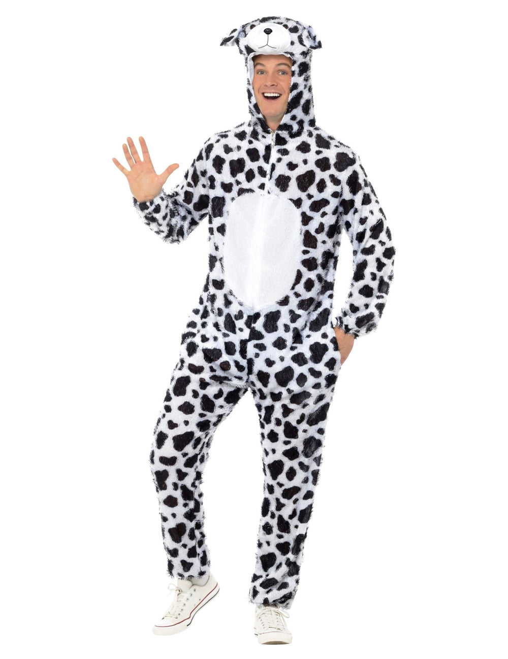 Déguisement de chien dalmatien pour adulte blanc à taches noires avec capuche