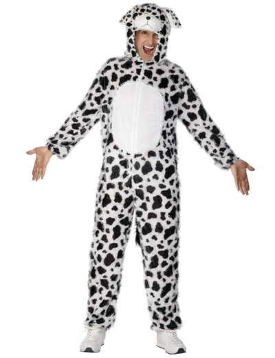 Déguisement de chien dalmatien pour adulte blanc à taches noires avec capuche à oreilles