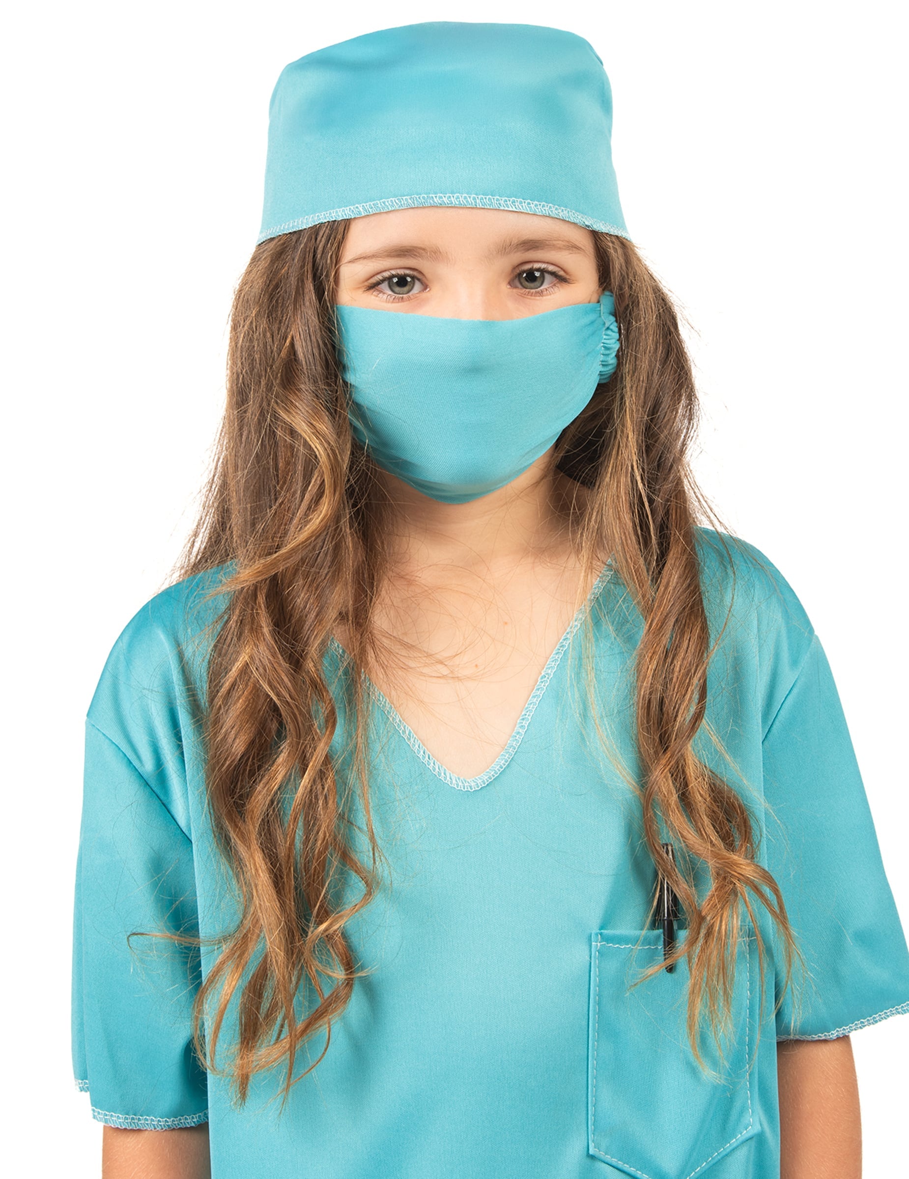 Gros plan sur le masque et le calot du déguisement de chirurgien pour enfant