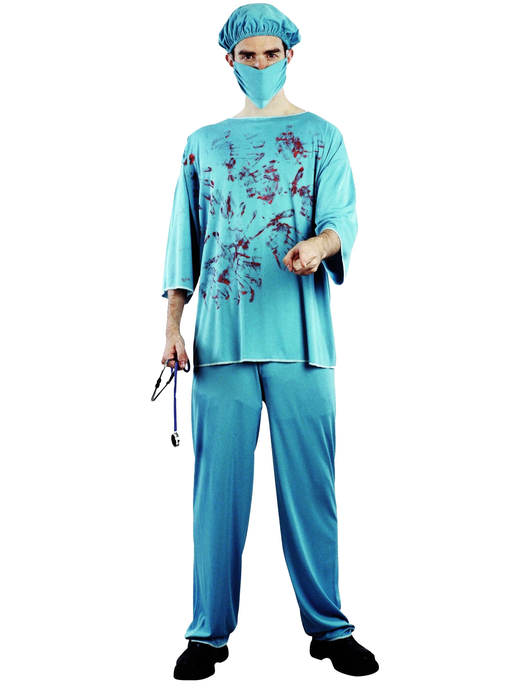 Felnőtt vérfoltos kék türkiz sebész jelmez vérnyomokkal