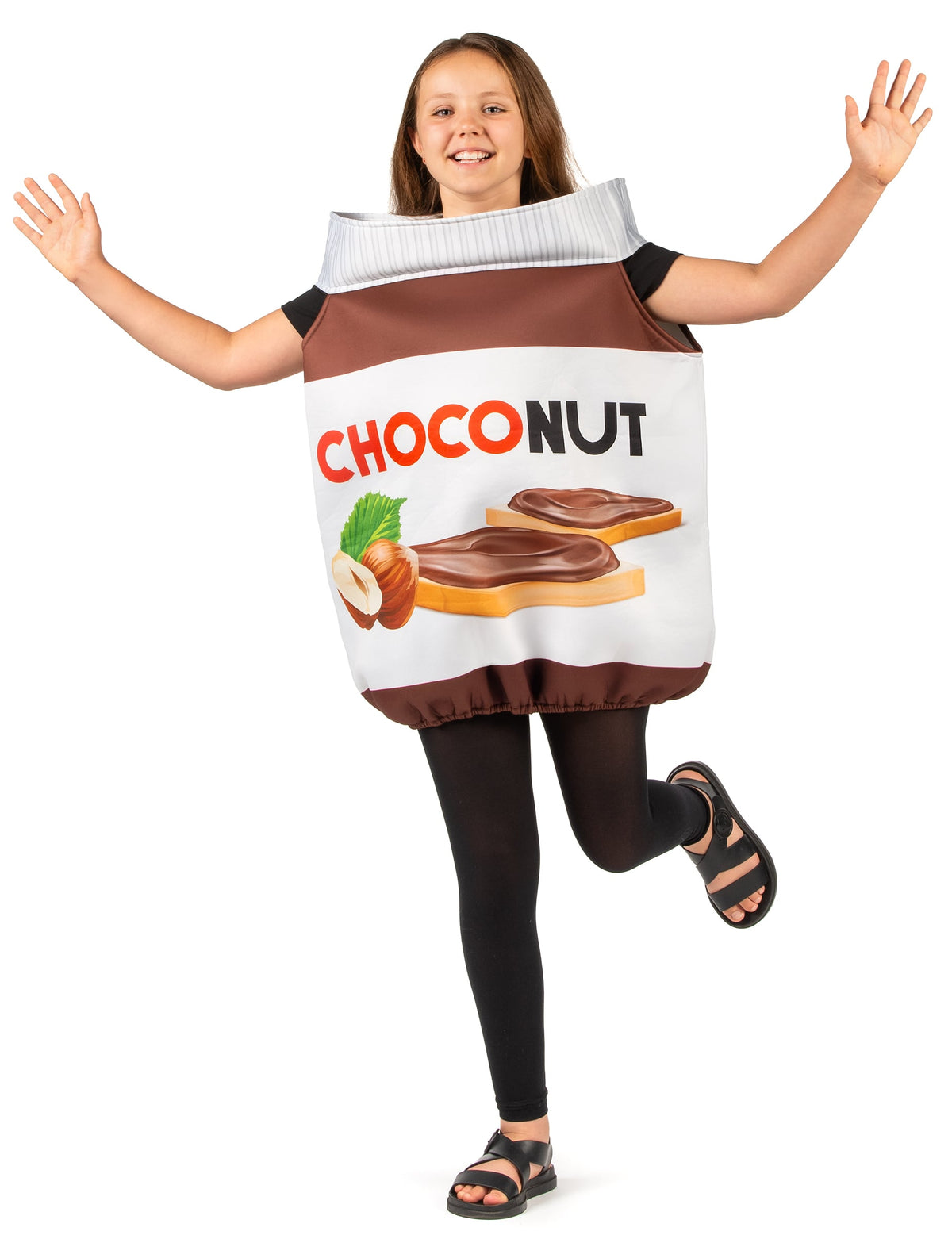 Déguisement choconut pour enfant marron et blanc en forme de pot de pâte à tartiner