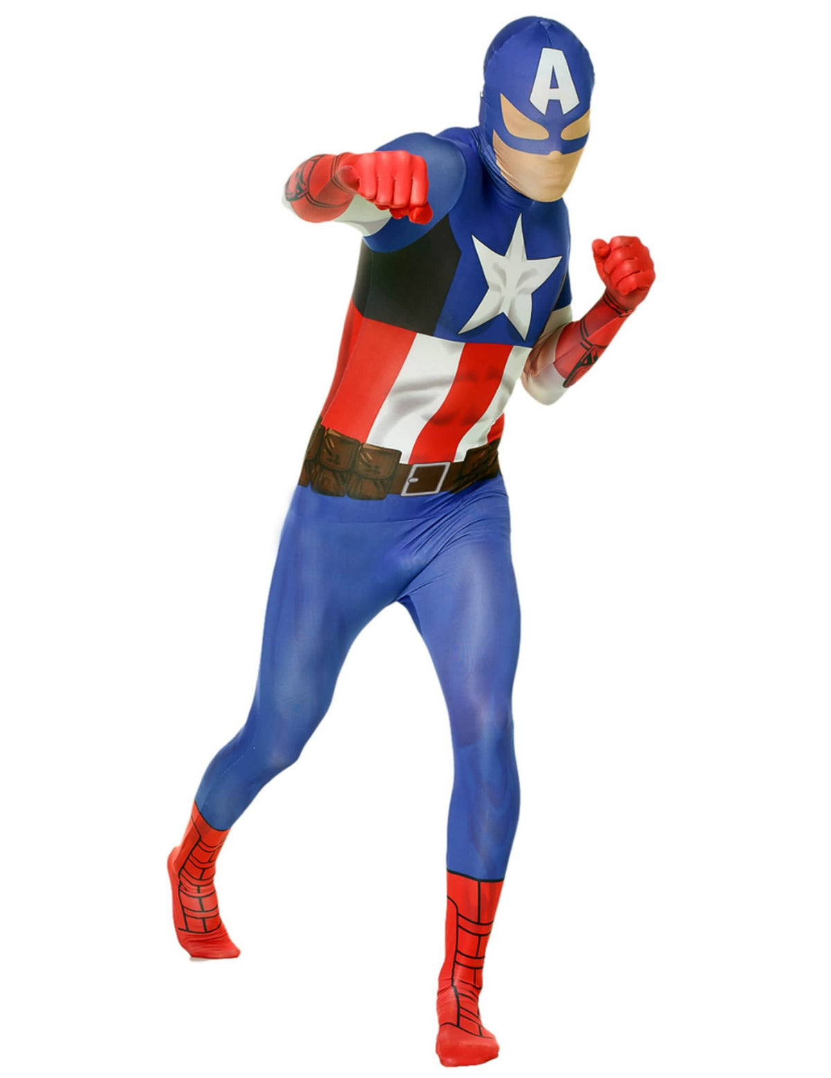 Klasszikus Captain America™ Morphsuits™ felnőtt jelmez teljes kék fehér és piros արված